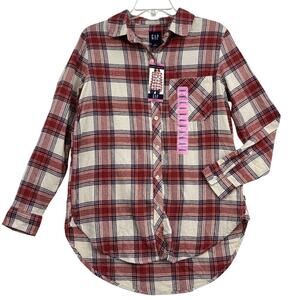 Gap Womens Flannel Shirt Size S Red Cream Plaid Button Up Relaxed Long Sleeve